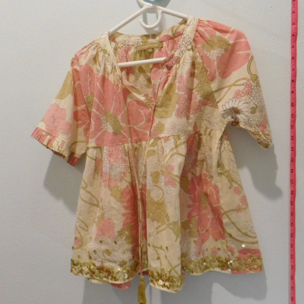 Rose and Rose Popover, Boho Floral with Gold Sequins and Tassles. Women's XS